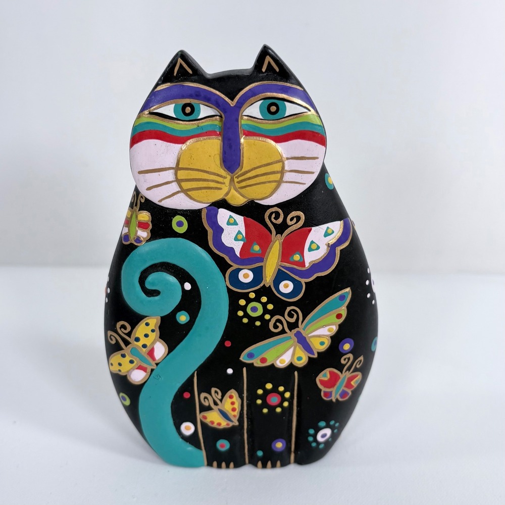 Laurel Burch Cat Figurine Black Butterfly Hand Painted Wood Windsong 6 Inch